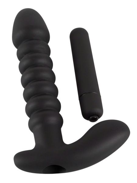 Prążkowane podwójne dildo korek analny czarny 17 cm - 9
