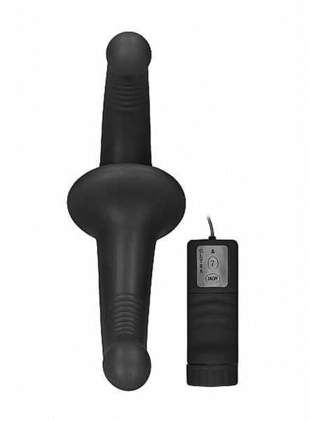 Strap-on czarne podwójne prążkowane sex dildo do penetracji wibrujące - 3