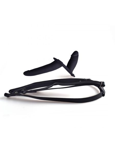 Czarny podwójny pasek z dildo strap-on na szelkach - 5