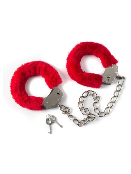 Kajdanki futerko plusz łańcuszek kluczyk BDSM czerwone - 2