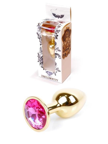 Stalowy korek analny plug złoty sex kryształ 7cm różowy