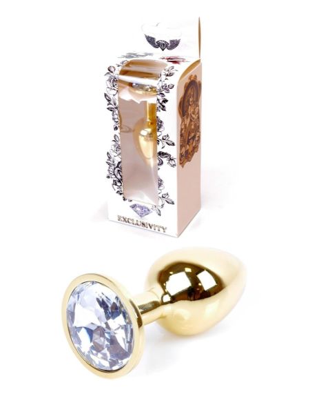 Stalowy korek analny plug złoty sex kryształ 7cm biały