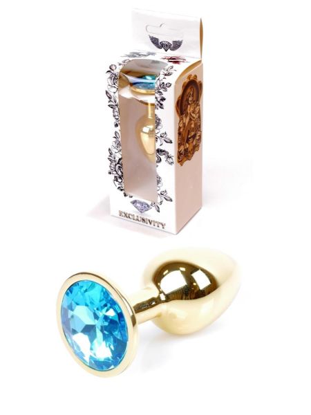 Stalowy korek analny plug złoty sex kryształ 7cm niebieski