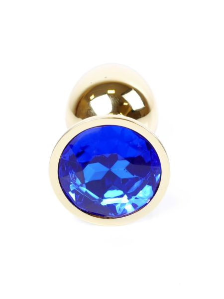 Stalowy korek analny plug złoty sex kryształ 7cm niebieski - 2