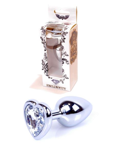 Metalowy plug analny korek stalowy kryształ serce 7cm biały