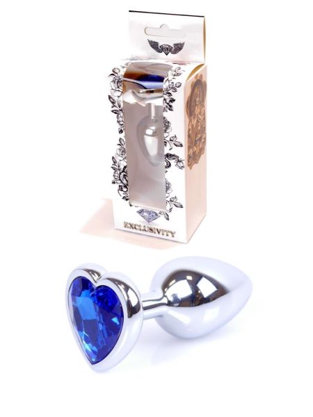 Metalowy plug analny korek stalowy kryształ serce 7cm niebieski