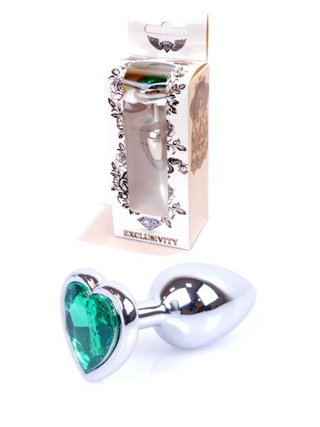 Metalowy plug analny korek stalowy kryształ serce 7cm zielony