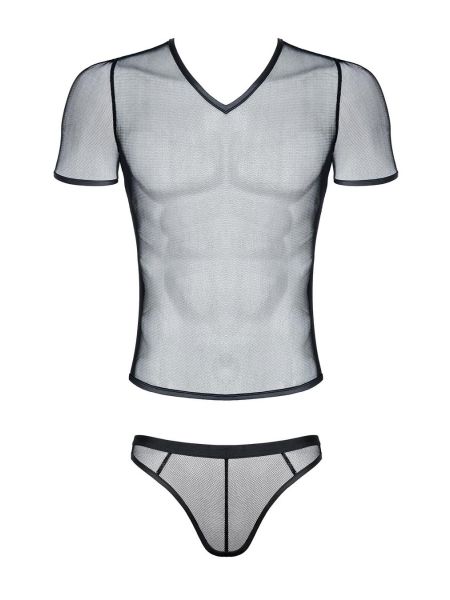 Męski komplet z elastycznej siatki: t-shirt w serek, stringi M - 6