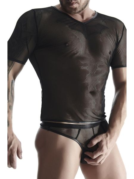 Męski komplet z elastycznej siatki: t-shirt w serek, stringi XL